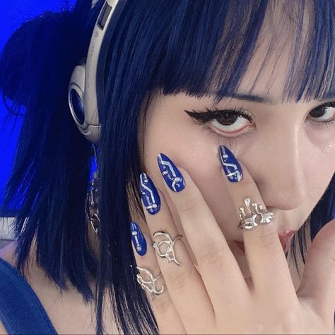 Cyberpunk Aesthetic Nails, Cybercore Nails Blue, Circuit Nails, Cyberpunk Nails Design, Yellow Cybercore, P1harmony Nails, Nails Cyberpunk, Germany Nails, Futuristic Nail Art