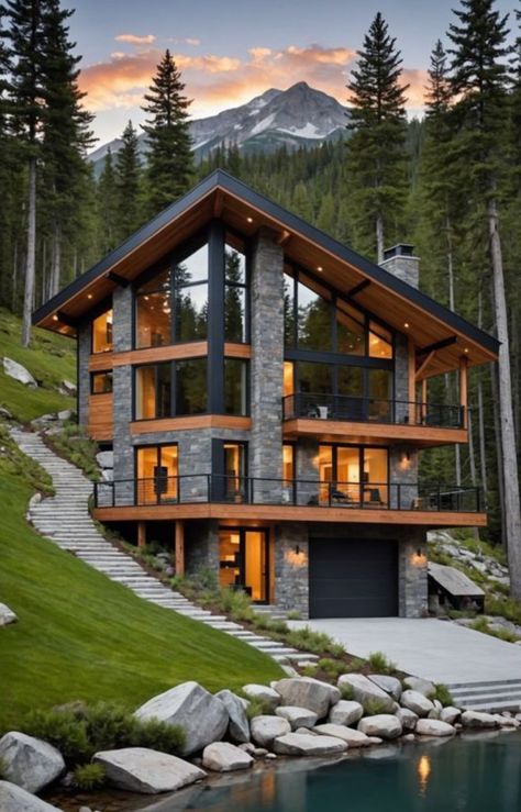 Modern Wooden House Design Exterior, Modern Mountain House Exterior, Wooden House Architecture, House On Mountain, Architecture Mountain, Beautiful House Images, Alpine Home, Mountain Dream Homes, Modern Mountain House