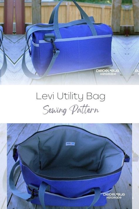 Levi Utility Bag sewing pattern. Levi is a small bag with enormous space! This bag is made of heavy duty duck cloth, with four main outer pockets and a huge main compartment. At 14 inches wide, it’s great as a tool bag or project bag. It also has a very large zippered opening and is reinforced to carry heavy objects. Large holdall bag sewing pattern. Duffel bag sewing pattern. Gym bag sewing pattern. SewModernBags Duffel Bag Sewing Pattern, Tool Bag Pattern, Bag Upcycling, Handbags Diy, Sewing Terms, Waterproof Beach Bag, Bag Tutorials, Purse Sewing Patterns, Bag Sewing Pattern