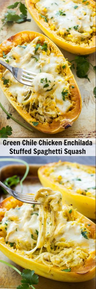 Stuffed Food, Stuffed Spaghetti Squash, Green Chile Chicken Enchiladas, Stuffed Squash, Green Chile Chicken, Spaghetti Squash Recipes, Cooking Healthy, Chicken Enchilada, Spaghetti Carbonara