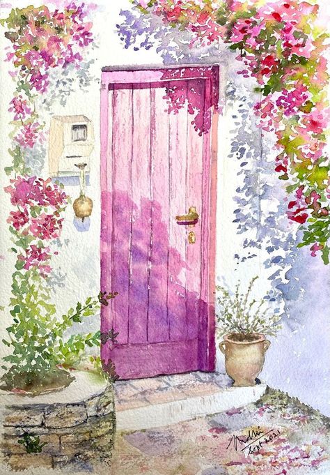 Open Door Watercolor Painting, Light Watercolor Painting, Watercolor Doorways, Watercolor Doors Paintings, Watercolour Door, Door Drawing Ideas, Paintings Of Greece, Greece Watercolor Painting, Doors Watercolor