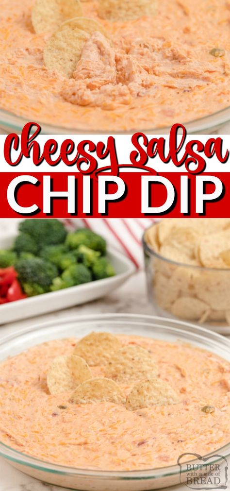 Cheesy Salsa Dip made with cream cheese, salsa, sour cream and cheddar cheese. This cream cheese salsa dip is baked and served warm with chips for an easy appetizer everyone loves! Dip With Salsa And Cream Cheese, Taco Dip With Cream Cheese And Salsa, Dips With Salsa, Salsa Dips For Parties, Sour Cream Salsa Dip, Mexican Dip With Cream Cheese, Nacho Dip With Cream Cheese, Warm Salsa Recipe, Cheese And Salsa Dip