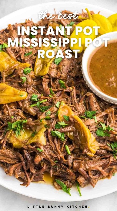 Instant Pot Mississippi Pot Roast is ready in an hour! This classic pot roast recipe is made with pepperoncinis and a beef broth and butter sauce. Peppercini Roast, Roast With Pepperoncini, Instant Pot Mississippi Pot Roast, Ineskohl Kitchen, Delicious Pot Roast, Perfect Pot Roast, Little Sunny Kitchen, Pot Roast Crock Pot Recipes, Classic Pot Roast