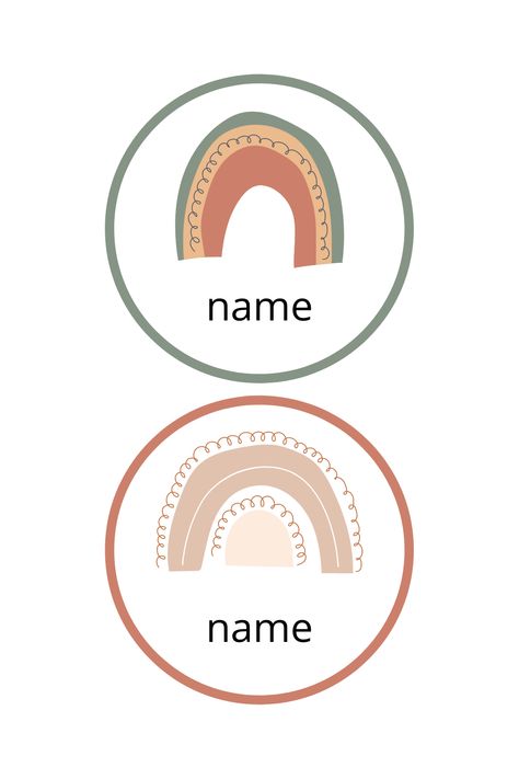 Editable rainbow name labels with neutral, earthy tones. Rainbow Name Tags Free Printable, Preschool Cubby Name Tags Free Printable, Boho Rainbow Months Of The Year, Boho Name Tags Classroom, Rainbow Name Tags, Boho Rainbow Calendar Printable, Boho Rainbow Nametags, Cubby Name Tags, Preschool Labels