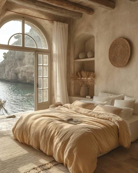 Tuscany Bedroom Ideas, Wabi Sabi Bedroom, Wabi Sabi Home Decor, Mediterranean Bedroom, Hotel Bedroom, Stylish Bedroom, Decoration Inspiration, Dream House Decor, Dream Home Design