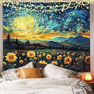 XIGUAGUO Sunflower Starry Tapestry for Bedroom Aesthetic Decor Wall Hanging Home Dorm Sunflower Living Room Decor, Sunflower Bedroom Decor, Sunflower Furniture, Sunflower Living Room, Sunflower Bedroom, Tapestry For Bedroom, Aesthetic Decor, Bedroom Aesthetic, Decor Wall