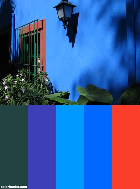 Frida Kahlo's Blue House, Mexico City Color Scheme from colorhunter.com City Color Palette, Mexican Color Palette, House Mexico, Mexican Colors, Mexico House, Decor Color Palette, Pintura Exterior, House Color Palettes, Mexican Home Decor