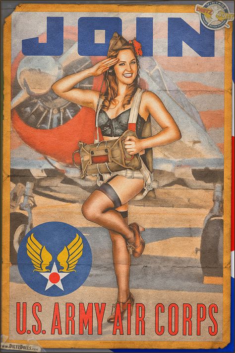 Today's pinup is another in the Airbrushed Propaganda Pinup Poster series featuring Kayla in this call to join the US Army Air Corps! The Army Air Corps was founded in 1926 during World War 1, however, it wasn't until March of 1942 that the Army Air Corps was renamed to the Army Air Forces and became a fully structured arm of the US Army. © Dietz Dolls: http://www.dietzdolls.com || Facebook: https://www.facebook.com/MomentsCapture Warbirds Pinups, Ww2 Propaganda, Arte Pin Up, Ww2 Posters, Wwii Posters, Military Poster, 82nd Airborne, Pin Up Vintage, Gil Elvgren