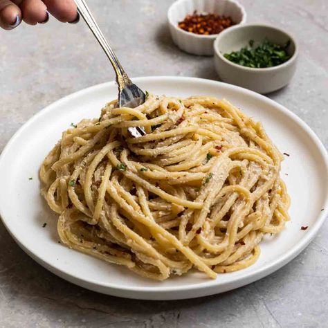 Creamy Silken Tofu Pasta Sauce Tofu Pasta Sauce, Alfred Sauce, Plantiful Kiki, Vegan Pastas, Tahini Pasta, Tofu Pasta, Tofu Sauce, Vegan Pasta Dish, Pasta With Meat Sauce