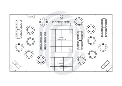 This 50′ by 90′ Tent wedding layout shows seating for up to 168 guests, seated at a mix of long banquet and round tables. In addition, this sample wedding tent layout has ample room for a spacious dance floor, band stage, two bar areas, cake, and gift tables.  Frame style tents come in Clear Top or White Top options and do not have center poles, allowing for unobstructed flow throughout and freedom while designing your wedding layout. Tent Wedding Layout, Tent Wedding Reception Layout, Wedding Tent Layout, Band Stage, Wedding Layout, Wedding Reception Layout, Tent Wedding Reception, Reception Layout, Round Tables