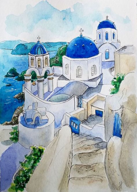 Photos To Paint, Greece Drawing, Water Dancing, Artistic Activities, Dancing Drawing, Greece Architecture, Greece Painting, Watercolor House Painting, Watercolor House Portrait