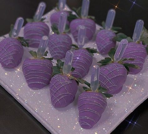 Purple Glitter Birthday Party Ideas, Purple Themed Sleepover, Purple Candy Aesthetic, Purple Sleepover Party, Purple Aesthetic Birthday, Purple Party Foods, Purple Strawberries, Purple Treats, Sweet Sixteen Party Themes