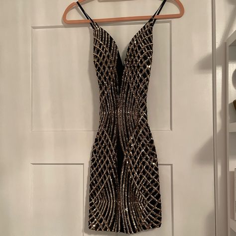 Brand New With Tags. Never Worn. Mini Dress Above The Knee. Black With Good Sequin Pattern Black Mesh Bodycon Dress, Gold Sequin Mini Dress, Black And Gold Dress, Dress Above The Knee, Sequin Pattern, Wrap Front Dress, Mesh Bodycon Dress, School Dance, Purple Mini Dresses