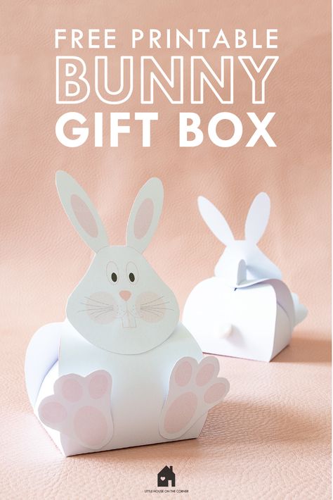 Download this free bunny treat box printable! This cute bunny only takes minutes to make. Just download, print, cut and glue it together. Fill them to make quick and easy Easter gifts! Easter Ideas For Classroom, Easter Bunny Printable Free, Easter Boxes Template, Easter Paper Crafts Free Printables, Bunny Treat Bags Free Pattern, Easter Bunny Templates Free Printables, Easter Treat Box Ideas, Rabbit Box Craft, Bunny Box Template Printable