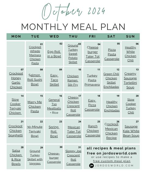 Free October Meal Plan! This free monthly meal plan calendar includes dinner plans for a whole month of eating easy, healthy recipes. Monthly Meal Calendar, October Meal Plan, Meal Plan Calendar, Chicken Sausage Rolls, Plan Calendar, Healthy Chicken Enchiladas, Monthly Meal Plan, Chili Casserole, Weekly Meal Plan Template