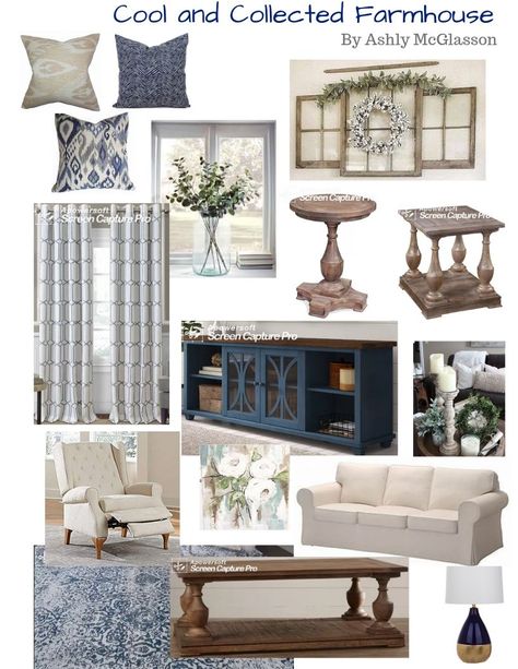 Family Room Blue Accents, French Navy Living Room, Nautical Living Room Ideas Farmhouse, Blues And Beige Living Room, Home Decor Boards Interior Design, Kitchen Mood Boards 2023, Rustic Living Room Mood Board, Blue And Cream Living Room Decor, Blue Accented Living Room