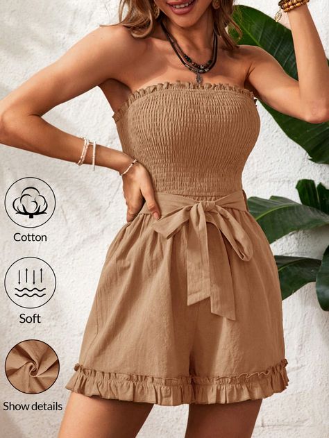 Khaki Casual,Boho Collar Sleeveless Woven Fabric Plain Other Embellished Non-Stretch  Women Clothing Diy Fashion No Sew, Summer Romper Outfit, Fashion Design Classes, Fancy Short Dresses, Women Vacation, Off Shoulder Jumpsuit, African Fashion Women Clothing, Trendy Outfits For Teens, Blouse Design Models