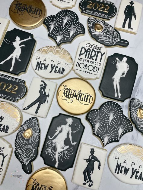 Gatsby Cookies Roaring 20s, Speakeasy Cookies, Roaring 20s Cookies Decorated, Roaring 20s Cookies, Art Deco Cookies, Gatsby Cookies, Gatsby Bachelorette, Rollout Cookies, Rock Cookies