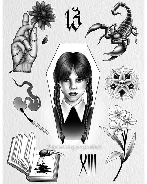 Wednesday Addams Inspired Tattoo, Wednesday Addams Flash Tattoo, Wednesday Tattoo Design, Wednesday Addams Tattoo Ideas, Adams Family Tattoo, Black Dahlia Tattoo, Wednesday Tattoo, Addams Family Tattoo, Wednesday Addams Tattoo