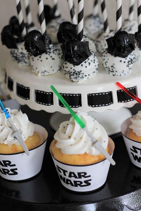 Stormtrooper Birthday Party, Star Wars Birthday Cupcakes, Star Wars Birthday Backdrop, Star Wars Dessert Table, Star Wars Party Kids, Starwars Birthday Ideas, Adult Star Wars Birthday Party Ideas, Star Wars Cake Pops, Star Wars Dessert