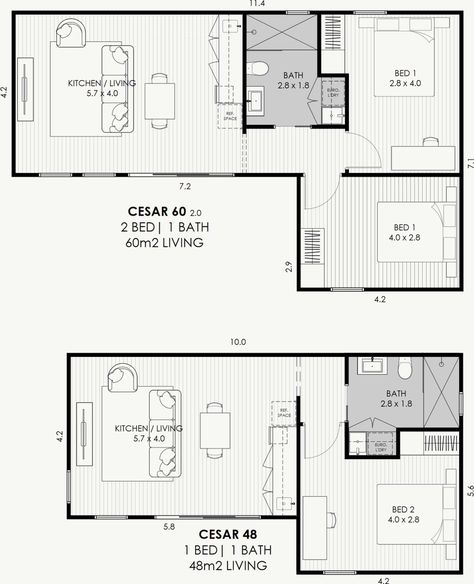 CÉSAR Granny Flats by Garden Studios | Granny Flats House Back Extension, Floating Floorboards, Annexe Ideas, Sliding Mirror Wardrobe, Granny Flat Plans, Granny Flat Ideas, Camp Cottage, Flat Plan, Tiny Home Plans