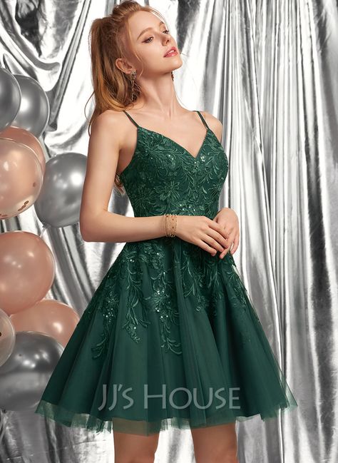 A-Line V-neck Short/Mini Tulle Homecoming Dress With Lace Sequins (022236547) Green Homecoming Dresses, Mini Homecoming Dresses, Tulle Homecoming Dress, Dress Homecoming, Lace Homecoming Dresses, Short Prom Dress, Grad Dresses, Short Mini Dress, Dress Silhouette