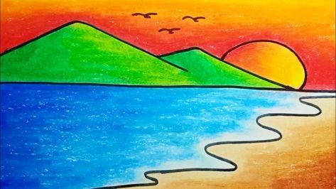 Beach Drawing Easy, Oil Pastels Drawing, Beautiful Easy Drawings, Draw Scenery, Beautiful Scenery Drawing, Scenery Drawing For Kids, Drawing Classes For Kids, Drawing Beach, Easy Scenery Drawing