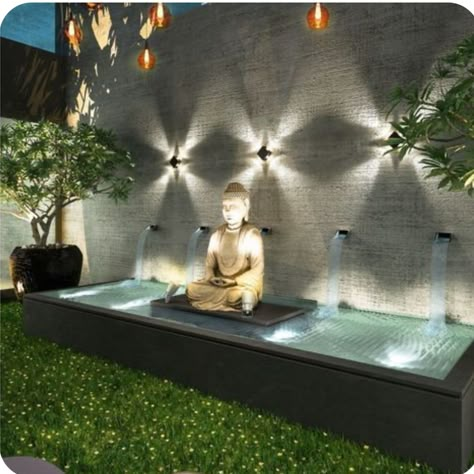 Buddha Home Decor, Water Fountain Design, Taman Air, Curtains Bathroom, Buddha Garden, Zen Garden Design, Buddha Decor, Terrace Garden Design, Rooftop Terrace Design