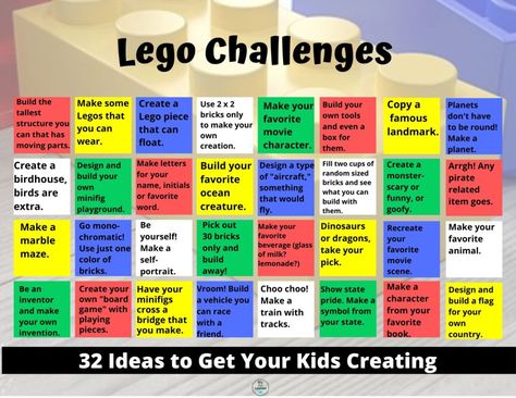 Lego Competition Ideas, Lego Challenge Cards Free Printable, Lego Challenge Ideas, Lego Challenges For Kids, Lego Stem, Lego Therapy, Lego Camp, School Age Activities, Lego Challenge