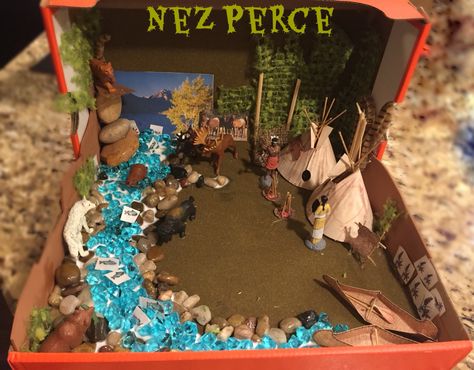 Indian Diorama  Kids 4th Grade School Project ~ Plateau Region Nez Perce Indian Tribe Diorama. Native American Tribe Diorama, Apache Tribe School Project, Indian Tribe Diorama, Native American Shoe Box Project, Idaho History Projects 4th Grade, Native American Diaroma Ideas, Native American Diorama Projects, History Diorama, Indian Diorama