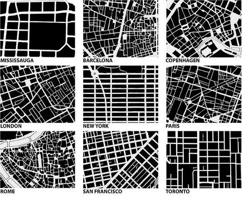 Graphic urban form comparison by Michael Surtees. Mississauga, Barcelona, Copenhagen, London, New York, Paris, Rome, San Francisco, Toronto. #map #design Circulation Diagram, City Grid, Urban Analysis, Urban Design Plan, Genius Loci, Urban Fabric, Diagram Architecture, Urban City, Urban Spaces