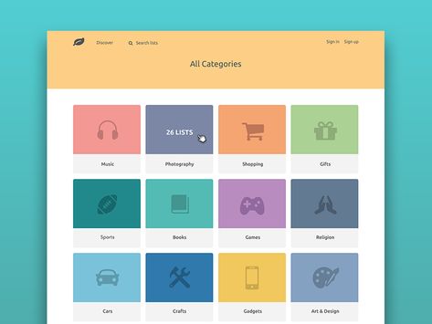 Hey everyone, Here is one of the pages - Categories page - made for a website to create and find and kind of lists. Website Category Design, Category Ui Design, Ui Website, List Website, Car Craft, Ui Design Website, Website Images, List Design, Shopping Photography