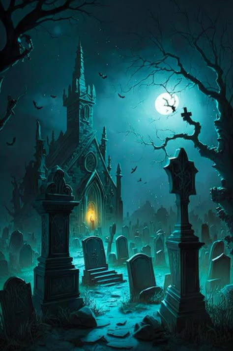 Creepy Cemetery, Haunted House Pictures, Graveyard Tattoo, Moon In The Sky, Trippy Artwork, Creepy Houses, Halloween Facts, Gothic Fantasy Art, Cemetery Art