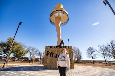 Giant Leg Lamp in Chickasha, Oklahoma (A Christmas Story) Chickasha Oklahoma, Popular Christmas Movies, Christmas Story House, Christmas Story Leg Lamp, Christmas Story Movie, Oklahoma Travel, Black High Heel Pumps, Leg Lamp, Led Color Changing Lights