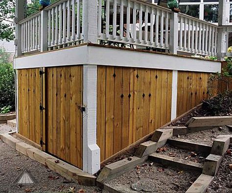 Under deck storage. Built by Atlanta Decking & Fence. Storage Under Deck, Deck Skirt, Under Deck Ideas, Enclosed Deck, Under Deck Storage, Decking Fence, Deck Skirting, Laying Decking, Porch Storage