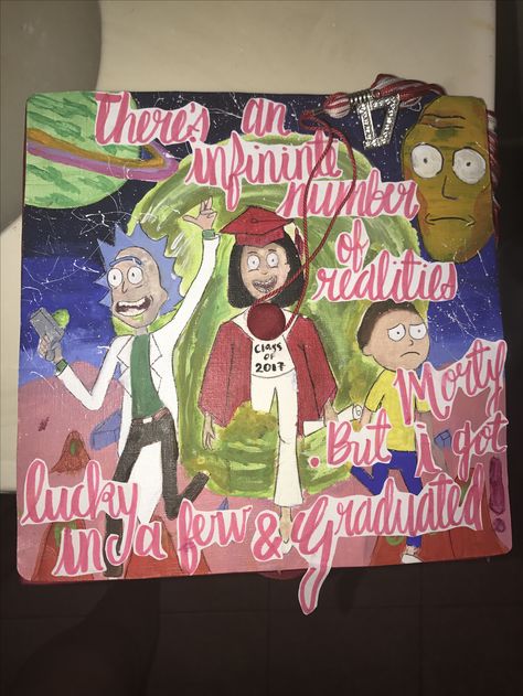 Rick and Morty graduation cap Rick And Morty Graduation Cap, Graudtion Caps Ideas, Funny Graduation Cap Decoration, Rick And Marty, Caps Ideas, Funny Graduation Caps, College Grad Cap Ideas, High School Graduation Cap, Grad Hat