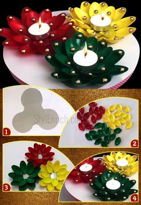 Christmas Candle Holders Diy, Spoons Diy, Plastic Spoon Crafts, Diya Decoration Ideas, Diwali Diya Decoration, Spoon Craft, Candle Holder Crafts, Christmas Candles Diy, Diya Decoration