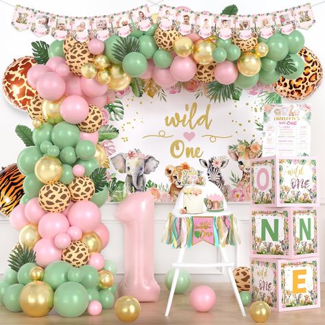 PRICES MAY VARY. 【WARM JUNGLE WORLD】🐘 Create a cosy wild one party with green pink, and gold colors! Cute jungle animals bring unlimited fun and novel experiences to your little one and other children to explore a different wild world. Create precious memories with our safari party decorations and let everyone enjoy the unforgettable day! 【WILD ONE BIRTHDAY DECORATIONS FOR GIRL SET】🦁 85 x 12’’ latex balloons, 30 x 5’’ latex balloons, 4 x foil balloons, 12 x artificial leaves, 1 x backdrop, 2 x Safari First Birthday Girl, Girl Wild One Birthday Party, Zoo Party Decorations, Wild One Birthday Party Girls Diy, Wild One Safari First Birthday, Wild One Birthday Decorations, First Birthday Decorations Girl, Safari Party Decorations, Backdrop Balloon