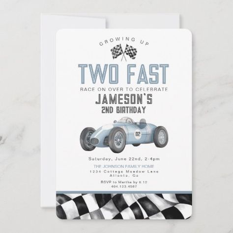 Blue Race Car Two Fast 2nd Birthday Party Invite for $3.02 - Birthday Invitations Vintage Race Car Birthday, Blue Race Car, Boy Party Invitations, Car Birthday Party, Boys 1st Birthday Party Ideas, Race Car Birthday Party, 2nd Birthday Party, 2nd Birthday Invitations, Race Car Birthday