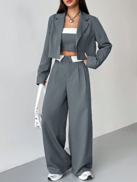 Solid Color Jacket With Contrast Striped Pants Suit Dusty Blue Elegant    Plain  Non-Stretch  Women Clothing, size features are:Bust: ,Length: ,Sleeve Length: Long Grey Blazer Outfit Women, Crop Suit Women, Grey Suit For Women Outfit, Grey Suits For Women, Crop Blazer Outfits For Women, Dark Elegant Outfit, Elegant Blazer Outfits, Dark Gray Outfit, Grey Suit Women