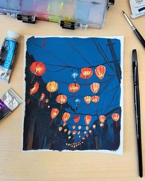 Gouache Painting Ideas Aesthetic, Lantern Gouache Painting, Gouache Autumn Painting, Gouache Mini Painting, Halloween Gouache Painting, Fire Gouache, Gouache Illustrations Landscape, Cute Gouache Painting, Gouache Illustrations Simple