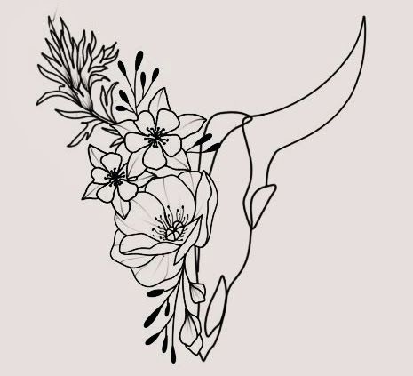 Cute Small Nashville Tattoos, Bull Skull And Flowers Tattoo, Country Themed Tattoos For Women, Texas Themed Tattoos Women, Cattle Skull Tattoos For Women, Country Themed Tattoos, Nashville Inspired Tattoos, Cow Skull With Flowers Tattoo, Steer Tattoo