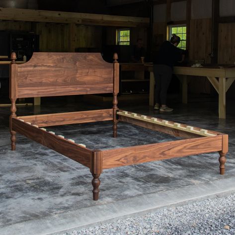 SHAPED HEADBOARD LIBBY Platform Bed Frame Walnut Hardwoods Turned Legs With Acorn Tops 22 Headboard Slats Optional - Etsy Wood Carved Bed Frame, King Bed Wood Frame, Cabin Bedframe, Antique Wood Headboard, Antique Wooden Bed, Wooden Headboards, Walnut Bed Frame, Bed Hardware, Headboard Shapes