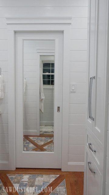 A mirrored pocked door serves double duty while taking up no floor or wall space. Slide the mirrored door into the wall pocket when its not needed. Mirrored Pocket Door, Mirror Pocket Door, Pocket Doors Bathroom, Jack And Jill Bathroom, Master Bath Remodel, Pocket Door, Jack And Jill, Upstairs Bathrooms, Bathroom Update