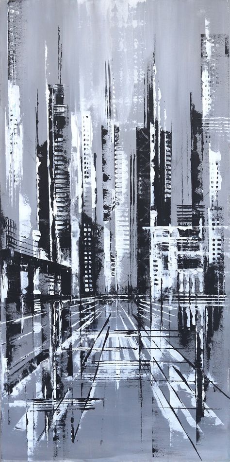 Black And White Building Painting, New York Painting Aesthetic, Black And White City Painting, Acrylic Black And White Painting Ideas, Abstract Building Art, Black And White Aesthetic Painting, Building Painting Acrylic, Acrylic Painting Buildings, Architecture Painting Acrylic