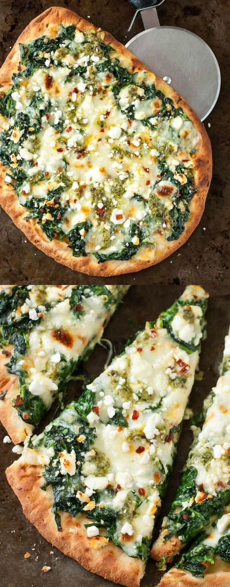 Spinach Flatbread Pizza, Spinach Flatbread, Flatbread Pizza Recipe, Flatbread Pizza Recipes, Pesto Spinach, Vegetarian Pizza, Pizza Recipes Homemade, Flatbread Pizza, Three Cheese