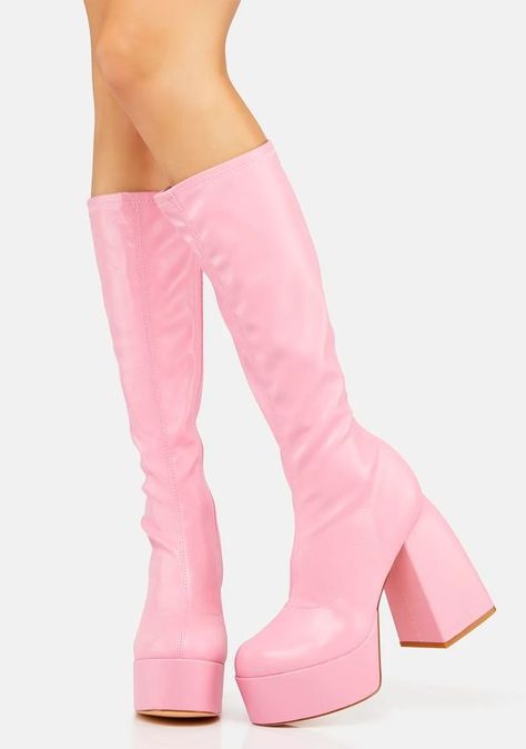 Pink Alternative Fashion, Pink Platform Boots, Shiny Boots, Knee High Wedge Boots, Go Go Boots, Barbie Vibes, Barbie Outfits, Pink Platforms, Knee High Heels