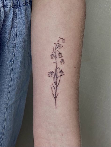 Feb And May Birth Flower Tattoo, Honeysuckle And Lily Of The Valley Tattoo, Lily Of The Valley Back Tattoo, Bluebell Tattoo, Lily Of The Valley Tattoo, Valley Tattoo, Delicate Tattoos For Women, Carnation Tattoo, Maching Tattoos