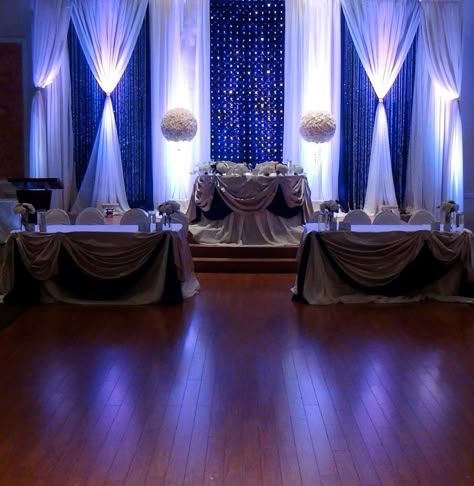 Follow us @SIGNATUREBRIDE on Twitter and on FACEBOOK @ SIGNATURE BRIDE MAGAZINE Royal Blue And Silver Wedding, Royal Blue Backdrop, Blue And Silver Wedding, Royal Blue Wedding Theme, Blue Wedding Decorations, Mega City, Head Tables, Wedding Backdrop Design, Blue Backdrop