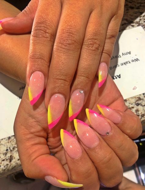 Neon French Tip Almond Nails, Neon Color Nail Ideas, Neon Nails Oval Shape, Neon Yellow Acrylic Nails Almond, Neon Nail Tips Design, Bright Almond Nails Designs, Pretty Neon Nails, Short Stiletto Nails Summer, Neon Nails Acrylic Almond